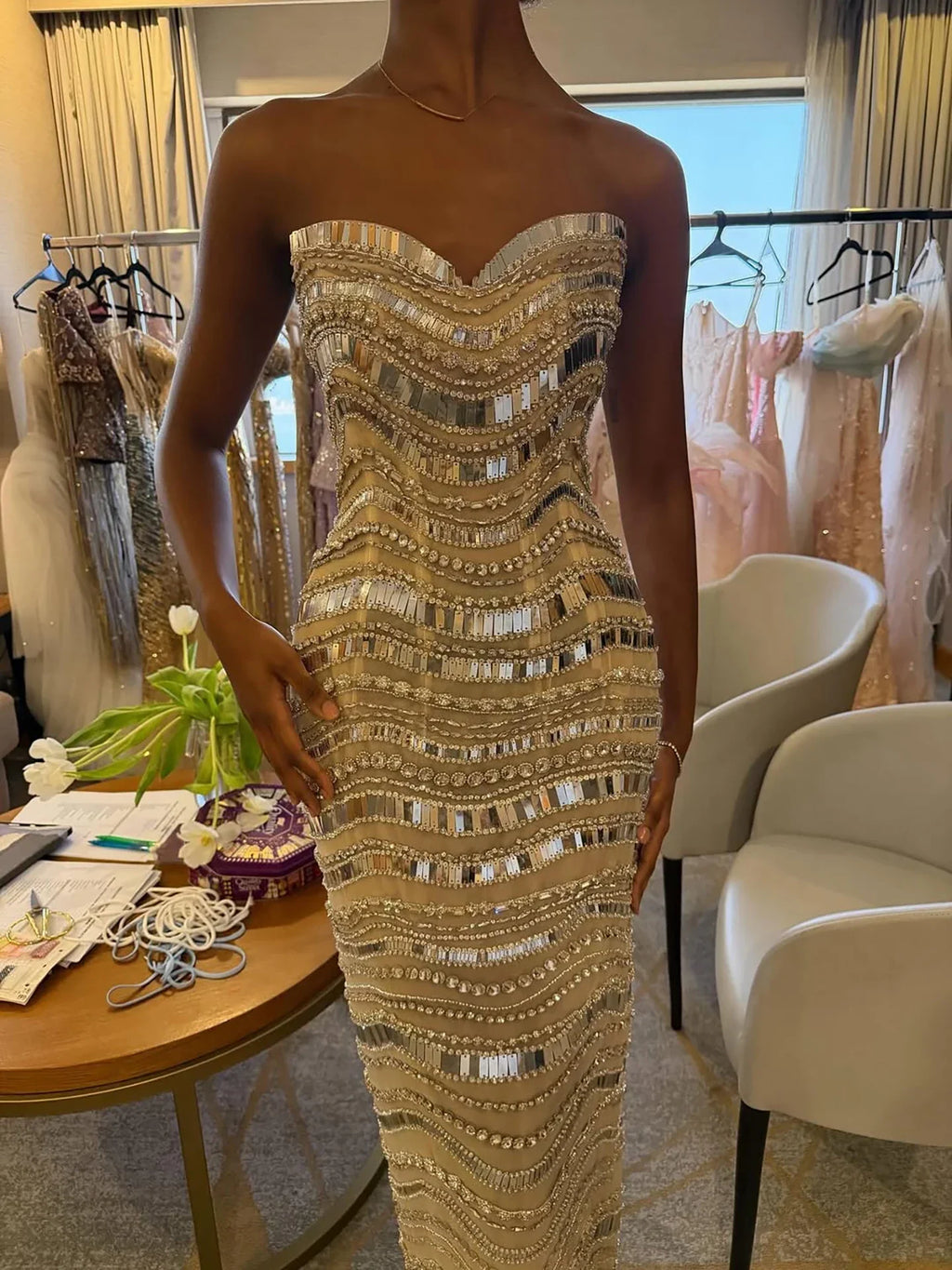 Kosovo Luxury Diamonds Full Beaded Mermaid Evening Dress Strapless Women Red Carpet Gown CLA73449