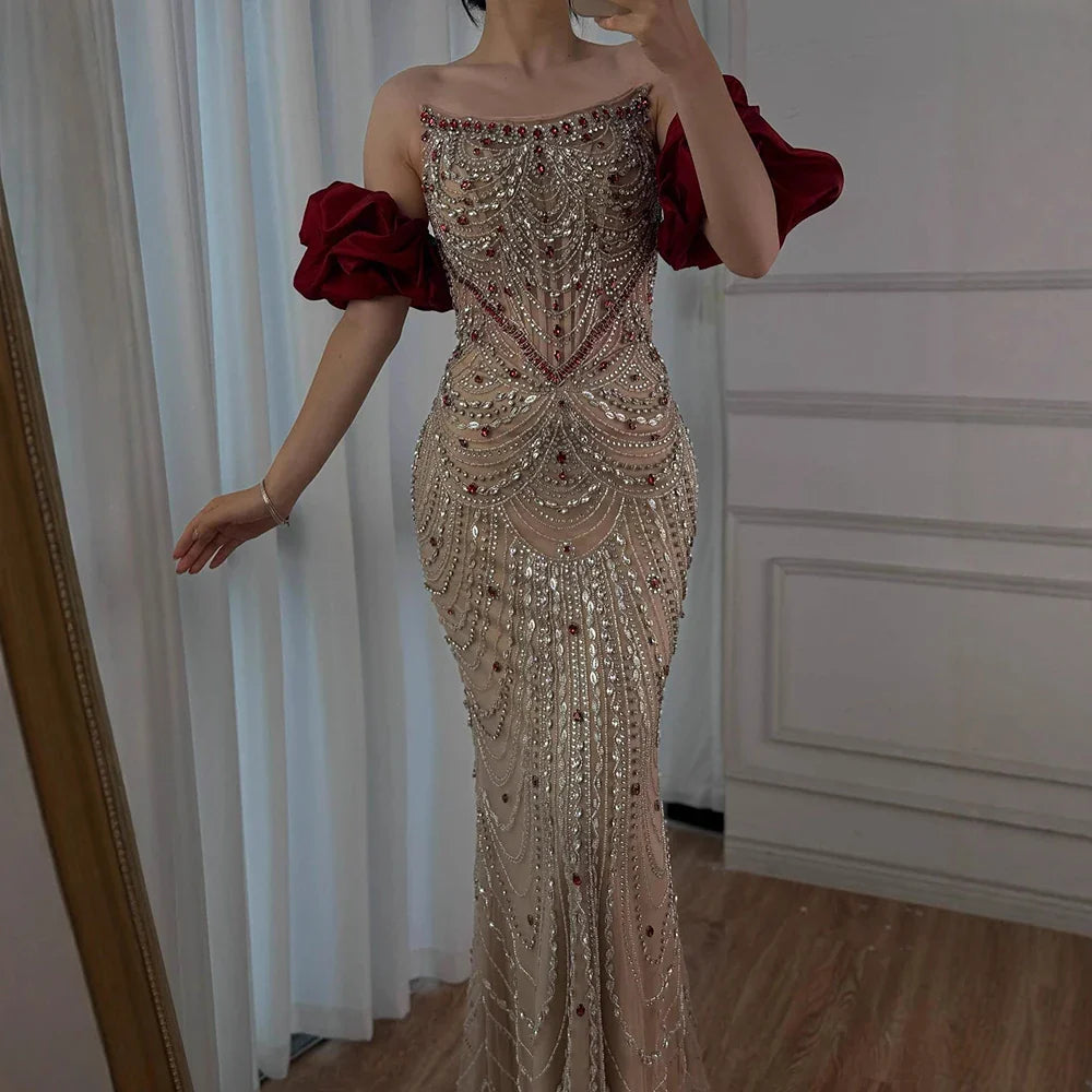 Luxury Beaded Evening Dress Puff Sleeves Pearl Adorned CLA72903