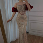 Luxury Beaded Evening Dress Puff Sleeves Pearl Adorned CLA72903