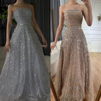 Luxury Dubai Arabic Gray A-Line Elegant Beaded Strapless Evening Dresses Gowns For Formal Occasion CLA72755