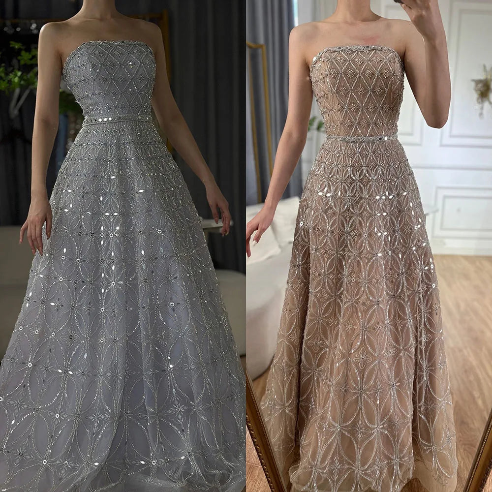 Luxury Dubai Arabic Gray A-Line Elegant Beaded Strapless Evening Dresses Gowns For Formal Occasion CLA72755