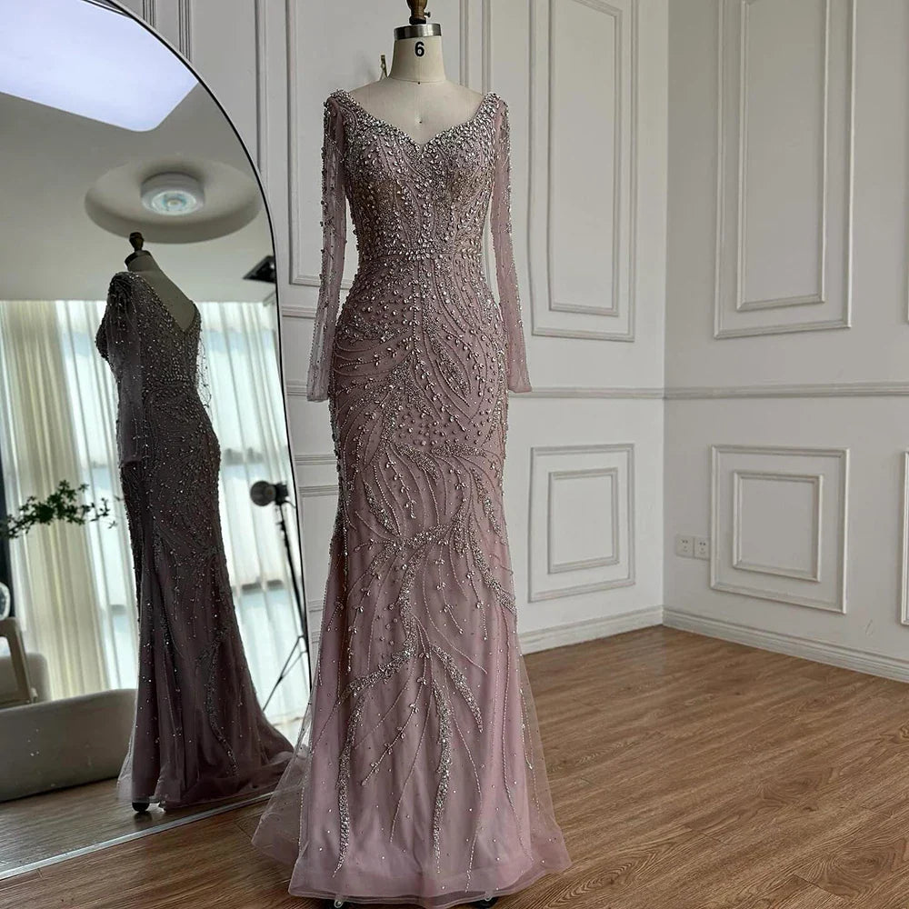 Luxury Muslim Nude Arabic Mermaid Beaded Evening Dress CLA73191