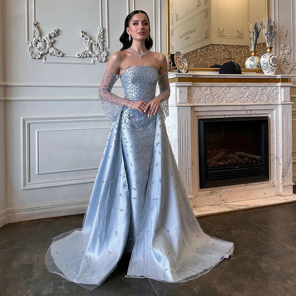 Dubai Luxury Blue Beaded Pearls Evening Gown with Overskirt CLA72705