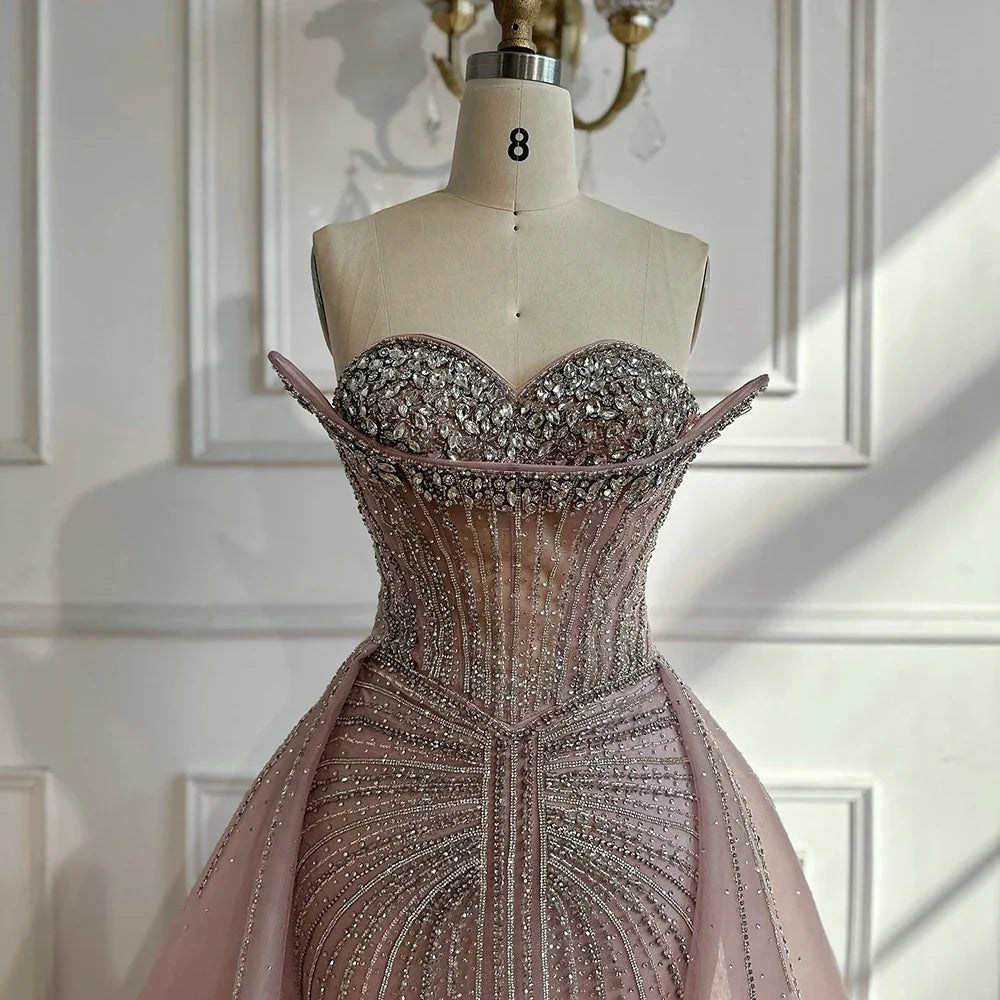 Arabic Luxury Beaded Mermaid Overskirt With Slit Strapless Evening Dress CLA72811