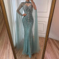 Luxury Turquoise Beaded Cape Sleeve Saudi Arabic Evening Dress LA73136A