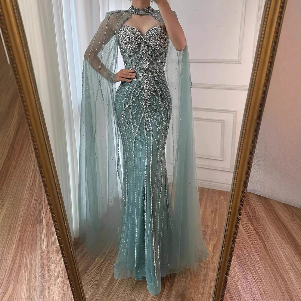 Luxury Turquoise Beaded Cape Sleeve Saudi Arabic Evening Dress LA73136A