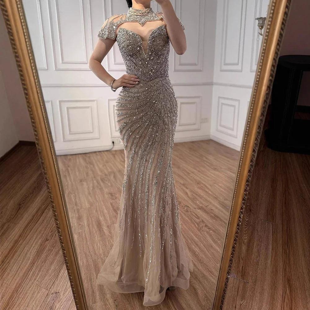 Arabic Luxury Beaded Mermaid Strapless With Detachable Cape Evening Dress CLA73087