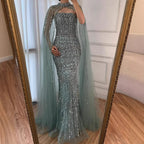 Arabic Luxury Beaded Strapless Mermaid Evening Dress With Cape Women Wedding Party Gown CLA72714B