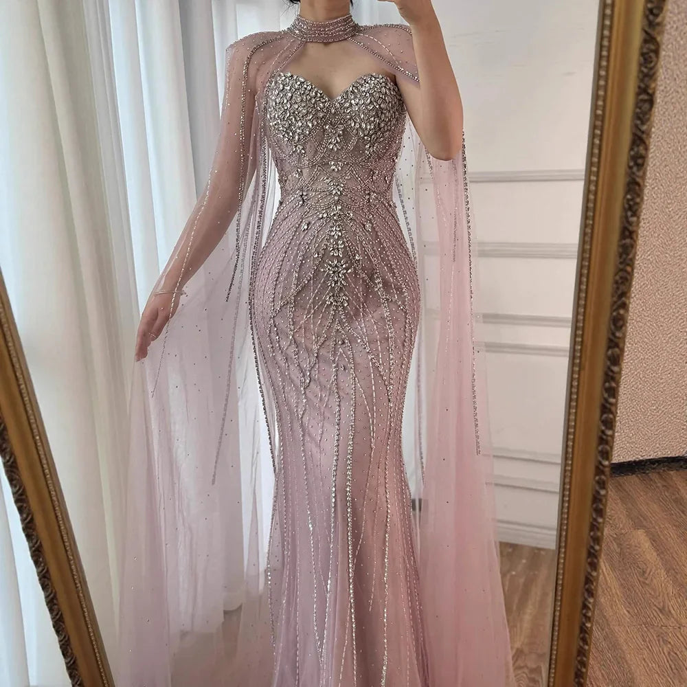 Luxury Turquoise Beaded Cape Sleeve Saudi Arabic Evening Dress LA73136A