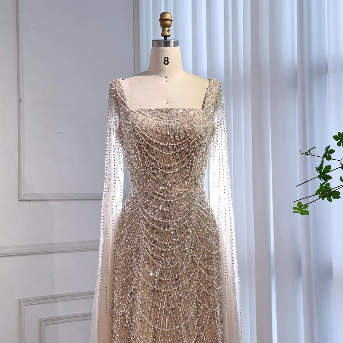 Arabic Simple Style Beaded A-Line With Cape Sleeves Square Neck Evening Dress CLA72590B