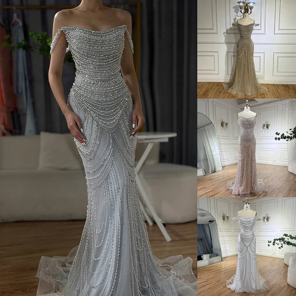 Kosovo Luxury Pearls Beaded Mermaid Off Shoulder Elegant Evening Dress CLA72253