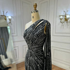 Luxury Black One Shoulder Mermaid Evening Dress with High Slit CLA72829