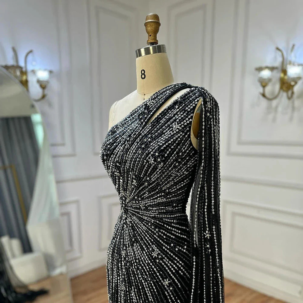 Luxury Black One Shoulder Mermaid Evening Dress with High Slit CLA72829