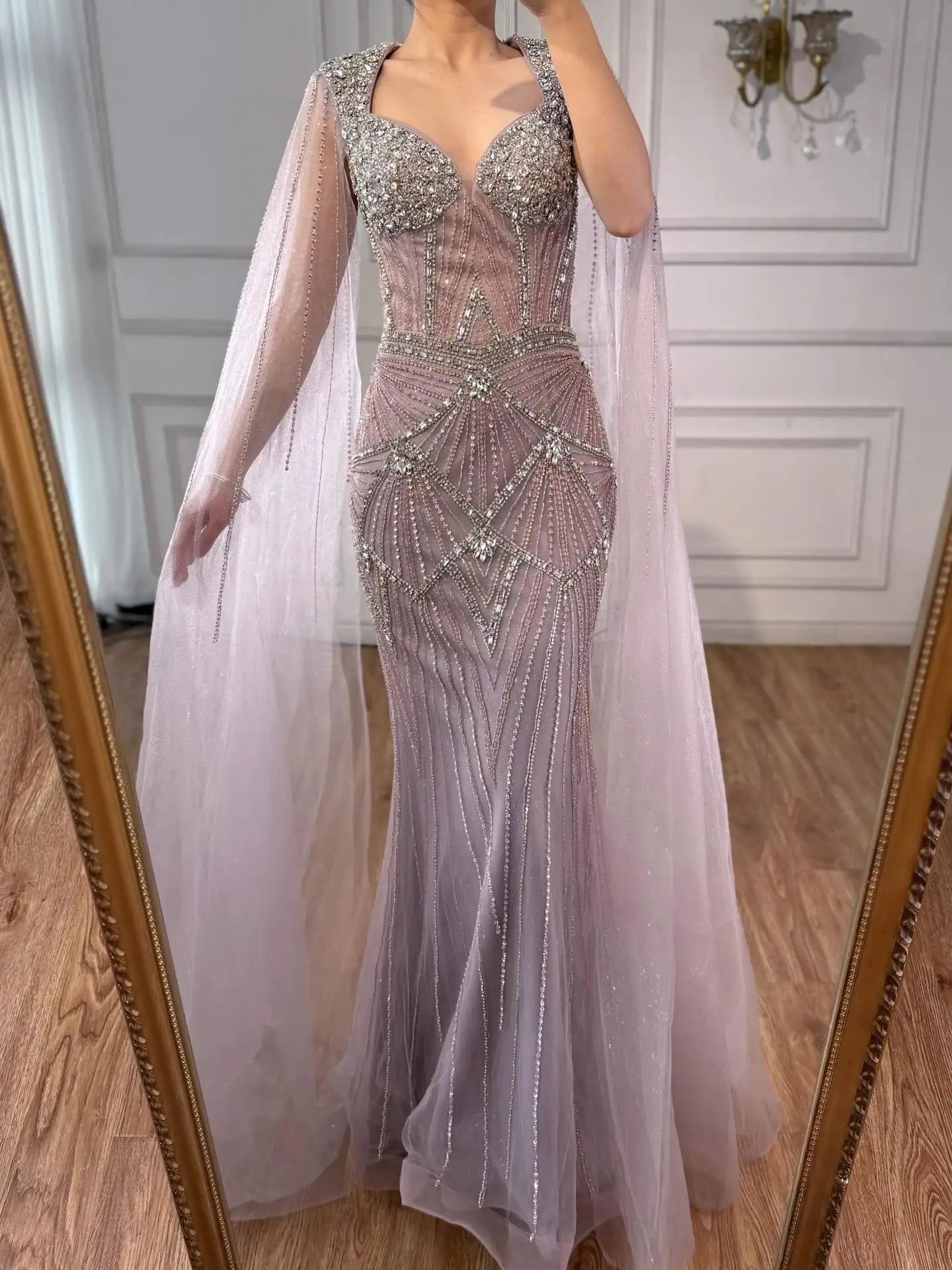 Luxury Dubai Pink Beaded Evening Dress With Cape CLA73329