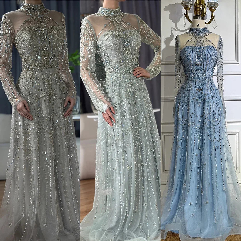 Luxury Dubai Designer Modest A-Line Blue Lace Beaded Evening Dresses CLA72704