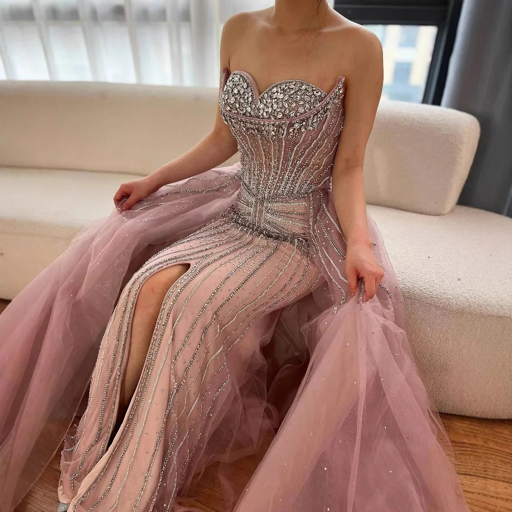 Arabic Luxury Beaded Mermaid Overskirt With Slit Strapless Evening Dress CLA72811