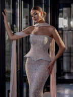 Luxury Nude Beaded Mermaid Evening Dress Strapless With Shawl CLA73076A
