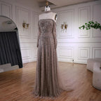 Luxury Caramel Off Shoulder Beaded Mermaid Evening Dress Long Sleeves CLA73053