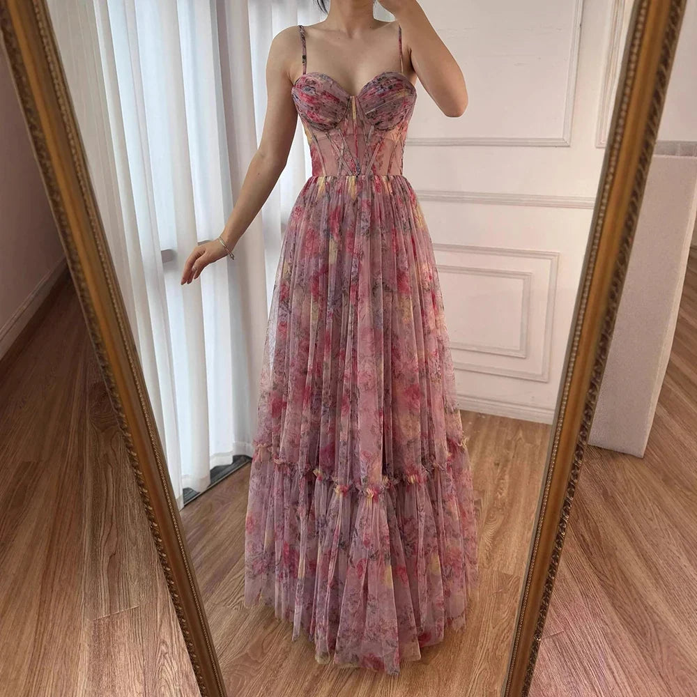 Arabic Chiffon Printed Floral Sleeveless A-Line Prom Dress CLA73149