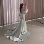 Luxury Sage Green Beaded Mermaid Evening Dress With Detachable Sleeves CLA73201