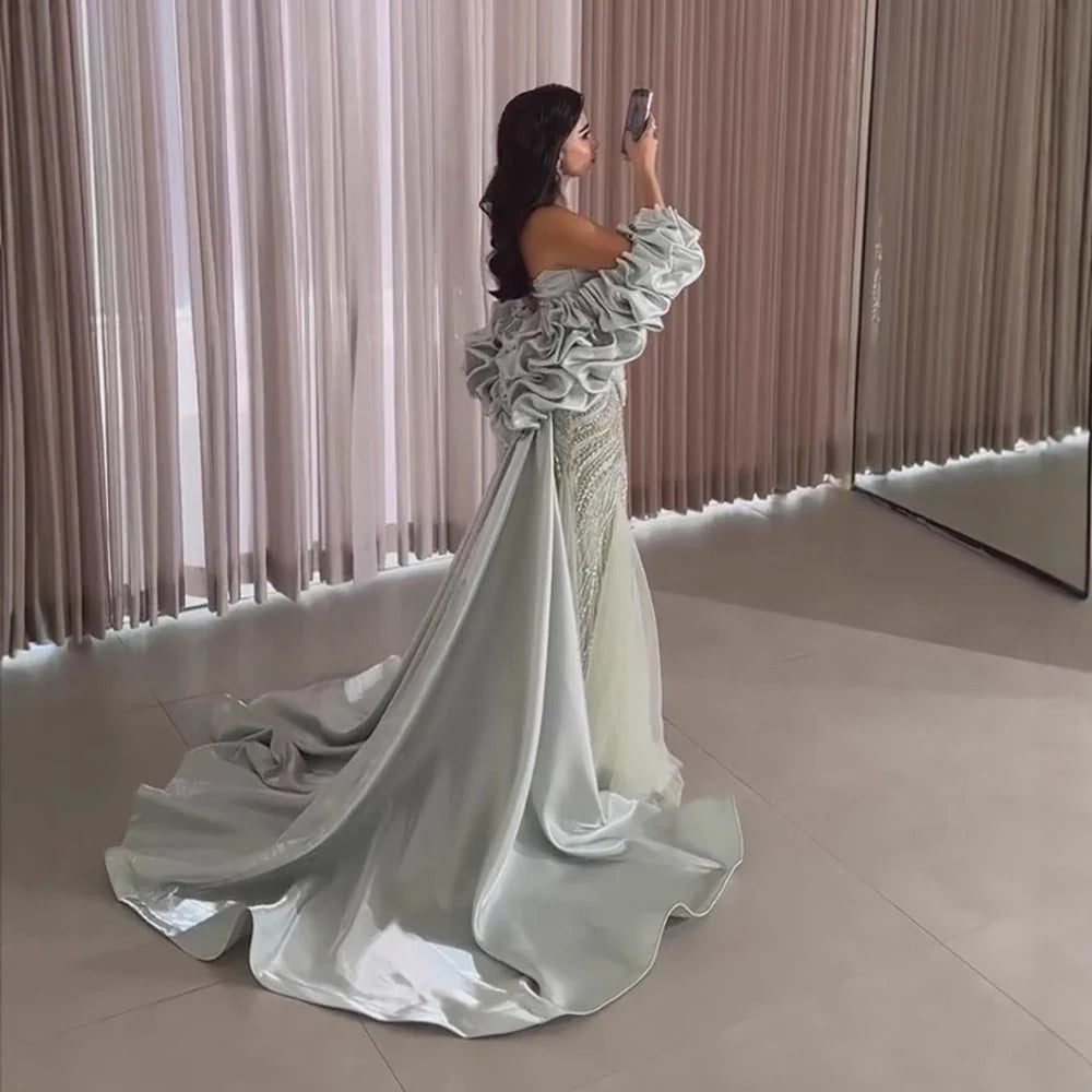 Luxury Sage Green Beaded Mermaid Evening Dress With Detachable Sleeves CLA73201