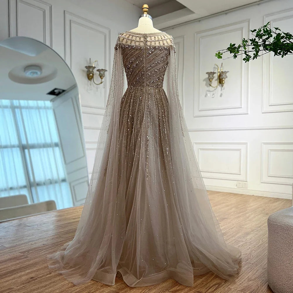 Luxury Beaded A-Line Cape Sleeves Round Neck Modest Evening Dress CLA72994