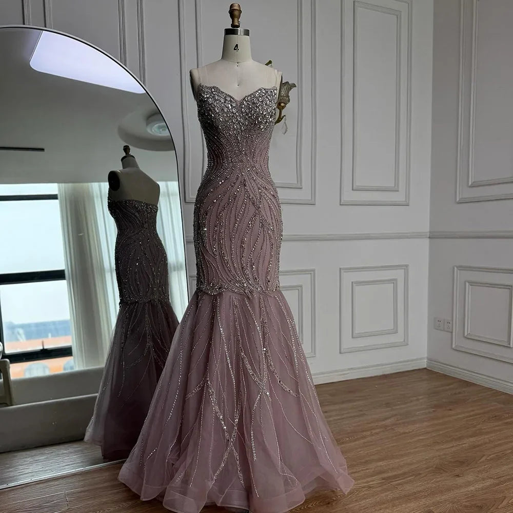 Arabic Luxury Beaded Mermaid Strapless Evening Dress CLA73124