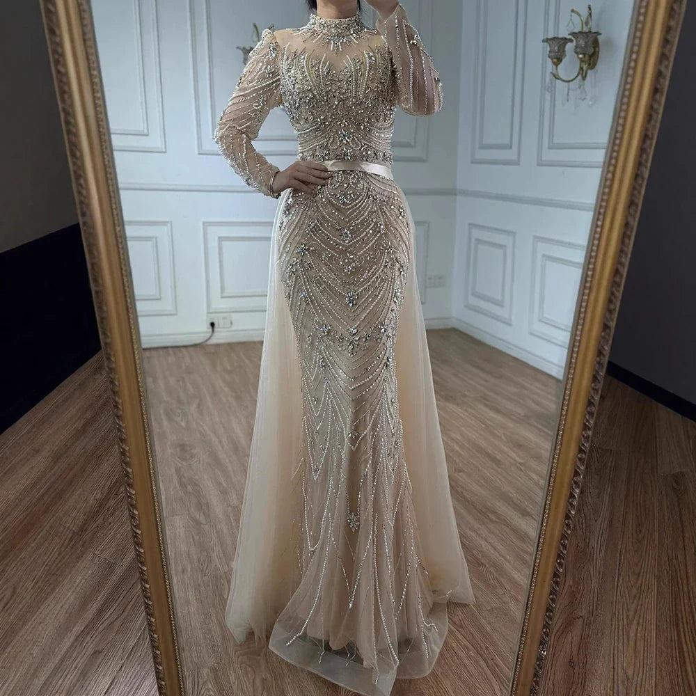 Luxury Nude Beaded Long Sleeves Modest Muslim Mermaid Evening Dress CLA73158