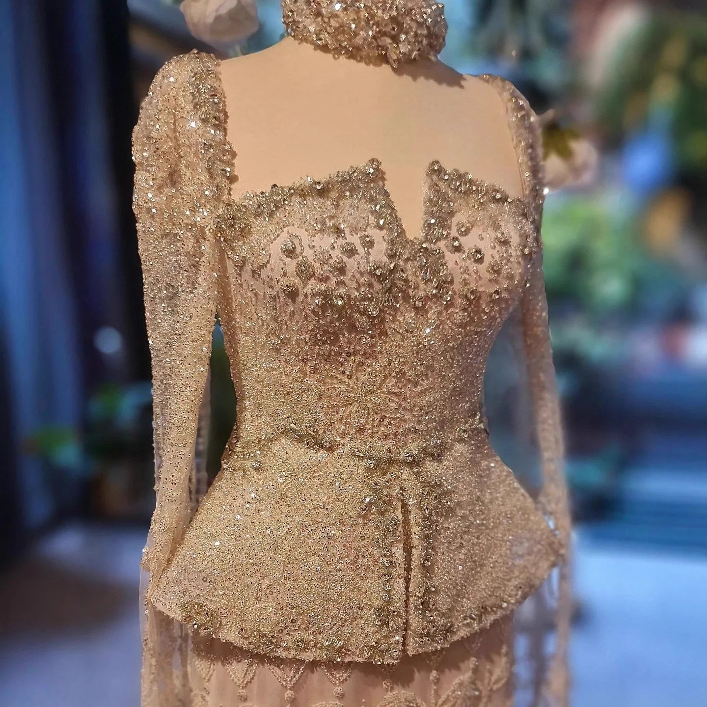 Luxury Nude Dubai Crystal Beaded Evening Dress with Cape LA73274