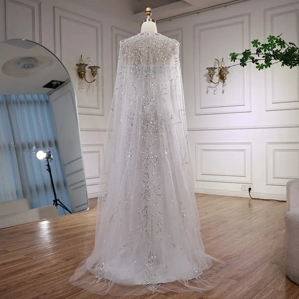 Luxury White Dubai Arabia Beaded Evening Dress With Cape CLA72870