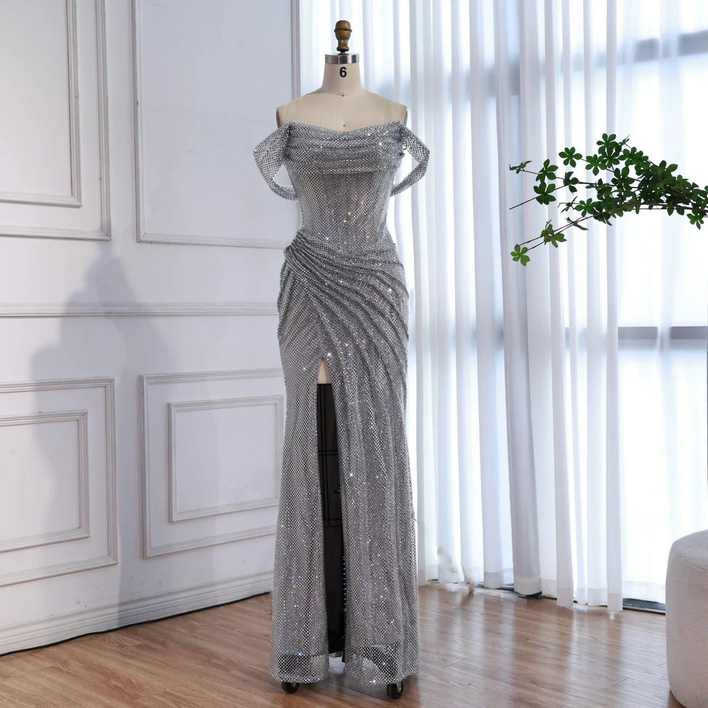 Kosovo Luxury Silver Diamonds Off Shoulder With Slit Mermaid Evening Dress CLA73410