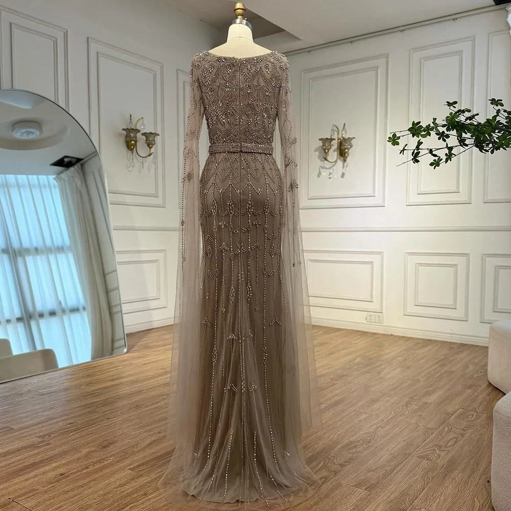 Luxury Arabic Caramel Beaded Evening Dress With Cape Sleeves CLA72966A