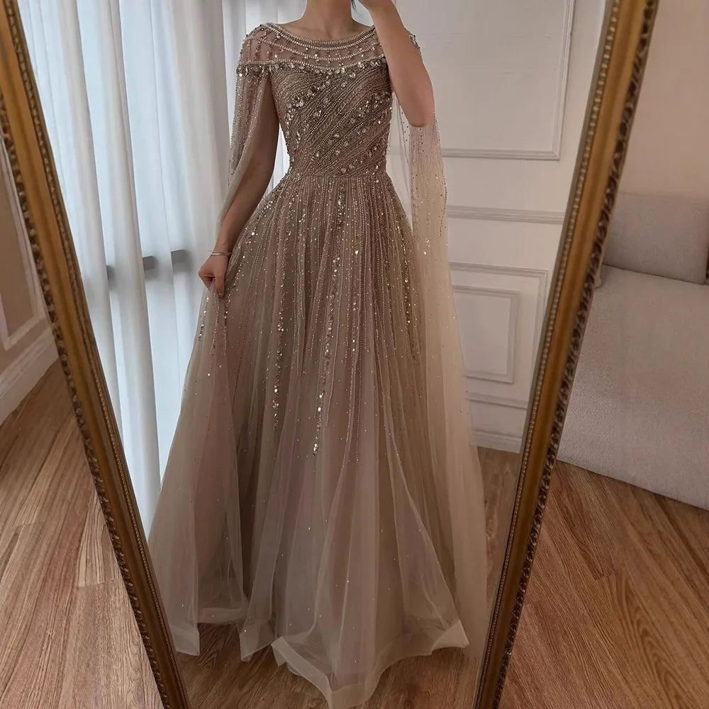 Luxury Beaded A-Line Cape Sleeves Round Neck Modest Evening Dress CLA72994