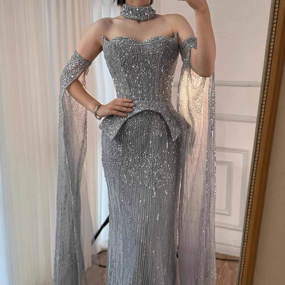 Luxury Rose Gold Beaded Off-Shoulder Evening Dress With Cape Sleeves CLA73076