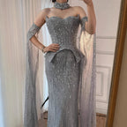 Luxury Rose Gold Beaded Off-Shoulder Evening Dress With Cape Sleeves CLA73076