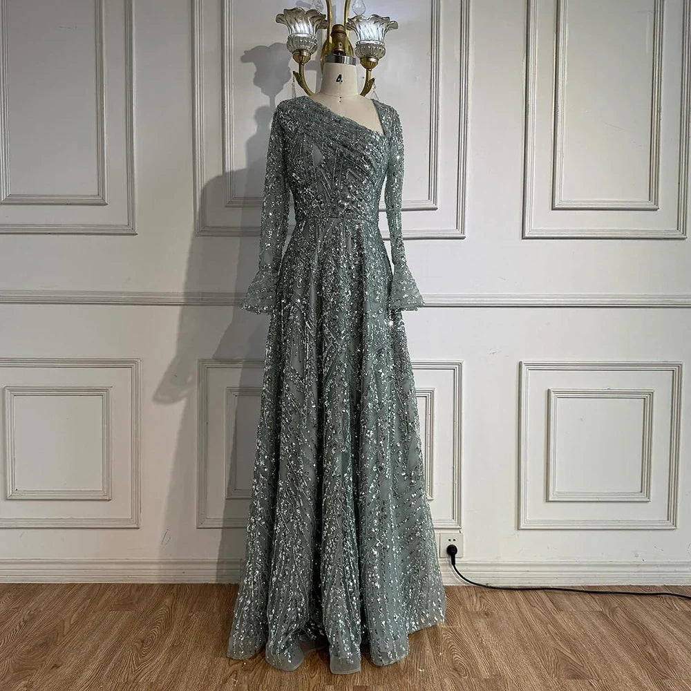Arabic Turquoiise A-Line Flared Sleeves Simple Style Evening Dress CLA73177