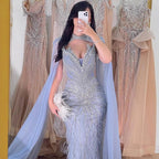 Luxury Beaded Feathers Evening Dress Mermaid With Cape Gown For Formal Occasion CLA72882