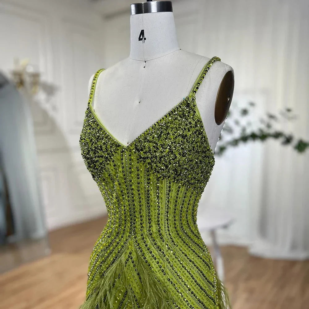 Arabic Mustard Yellow Luxury Beaded Feathers Mermaid Ankle LengthEvening Dress CLA72055