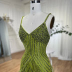 Arabic Mustard Yellow Luxury Beaded Feathers Mermaid Ankle LengthEvening Dress CLA72055