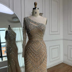 Luxury Nude One Shoulder Long Sleeve Beaded Evening Dress CLA73180
