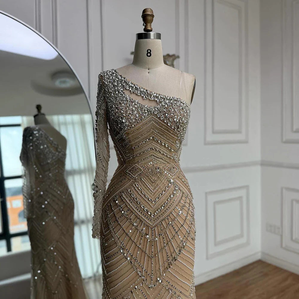 Luxury Nude One Shoulder Long Sleeve Beaded Evening Dress CLA73180