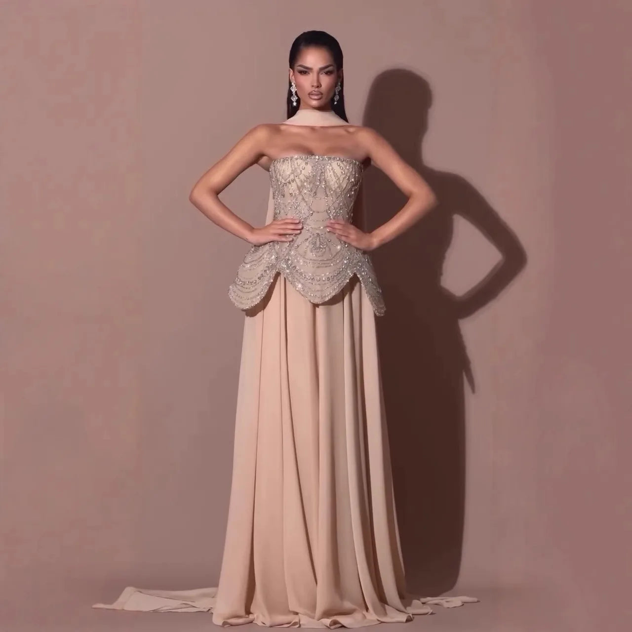 Luxury Designer Nude Beaded Chiffon Evening Dress CLA72915