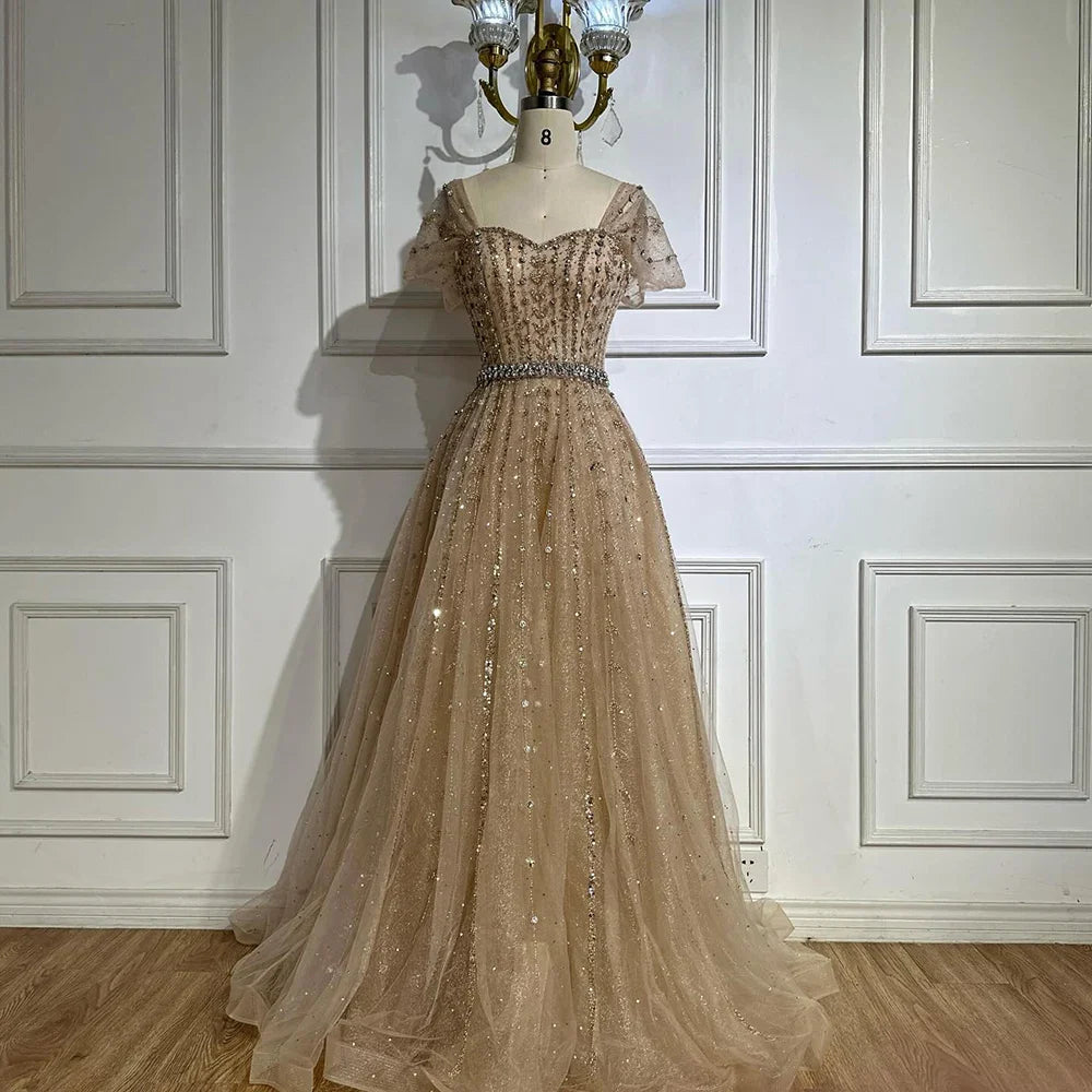 Nude A-Line Beaded Backless Evening Dress CLA72834