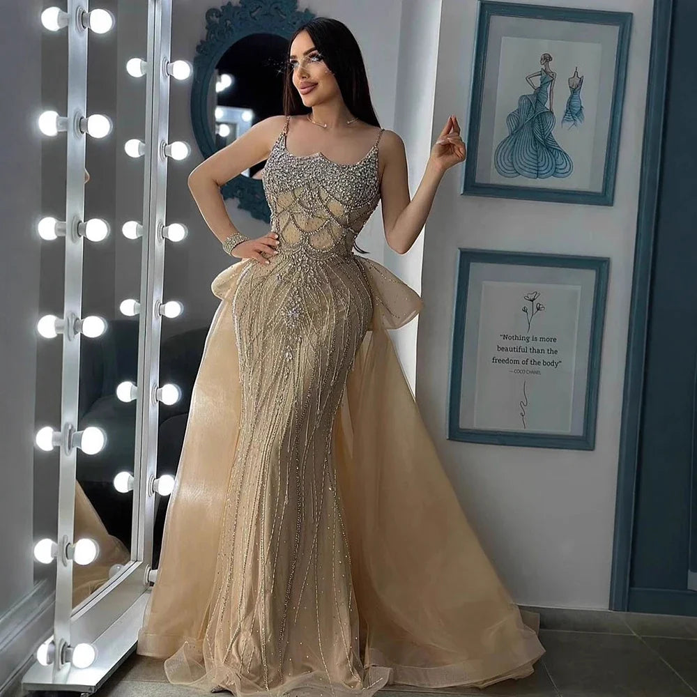 Luxury Dubai Nude Beaded Spaghetti Strap Evening Dress Mermaid With Overskirt CLA72810