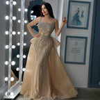 Luxury Dubai Nude Beaded Spaghetti Strap Evening Dress Mermaid With Overskirt CLA72810