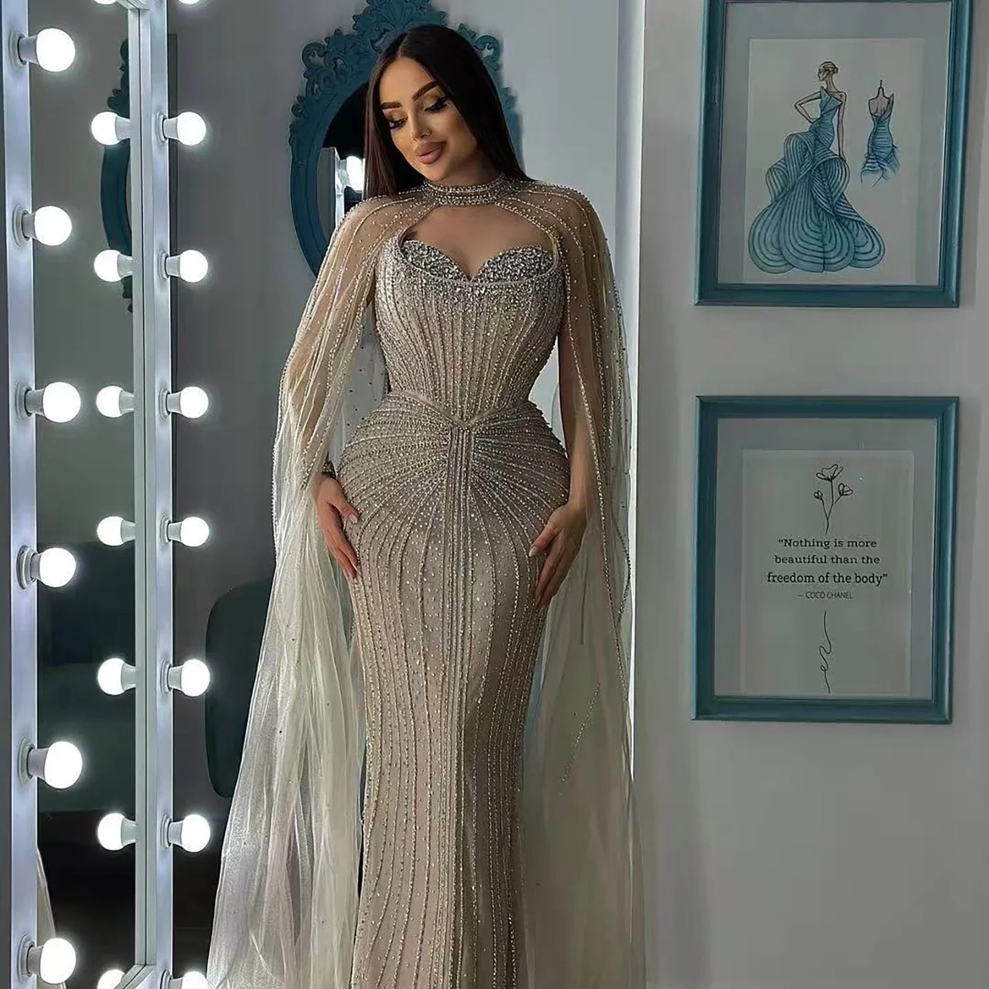 Luxury Dubai Caramel Beaded Evening Dress With Cape CLA72811C