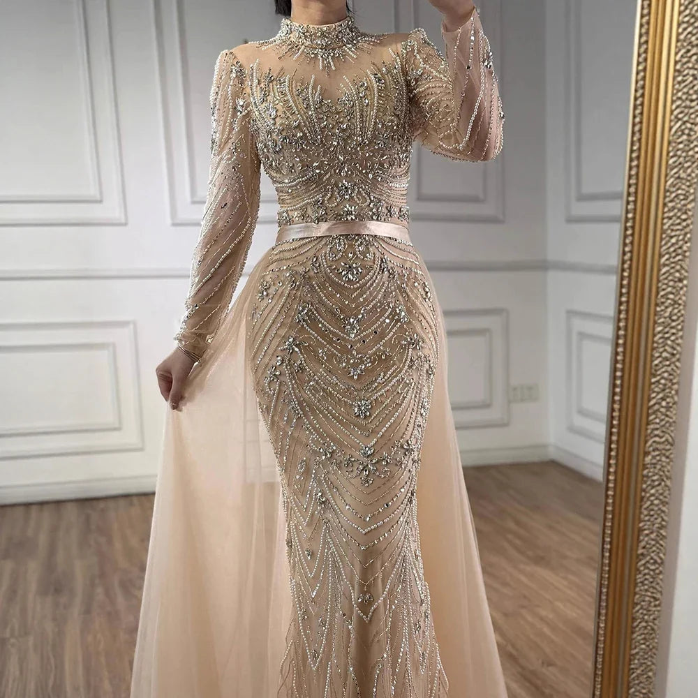 Luxury Nude Beaded Long Sleeves Modest Muslim Mermaid Evening Dress CLA73158