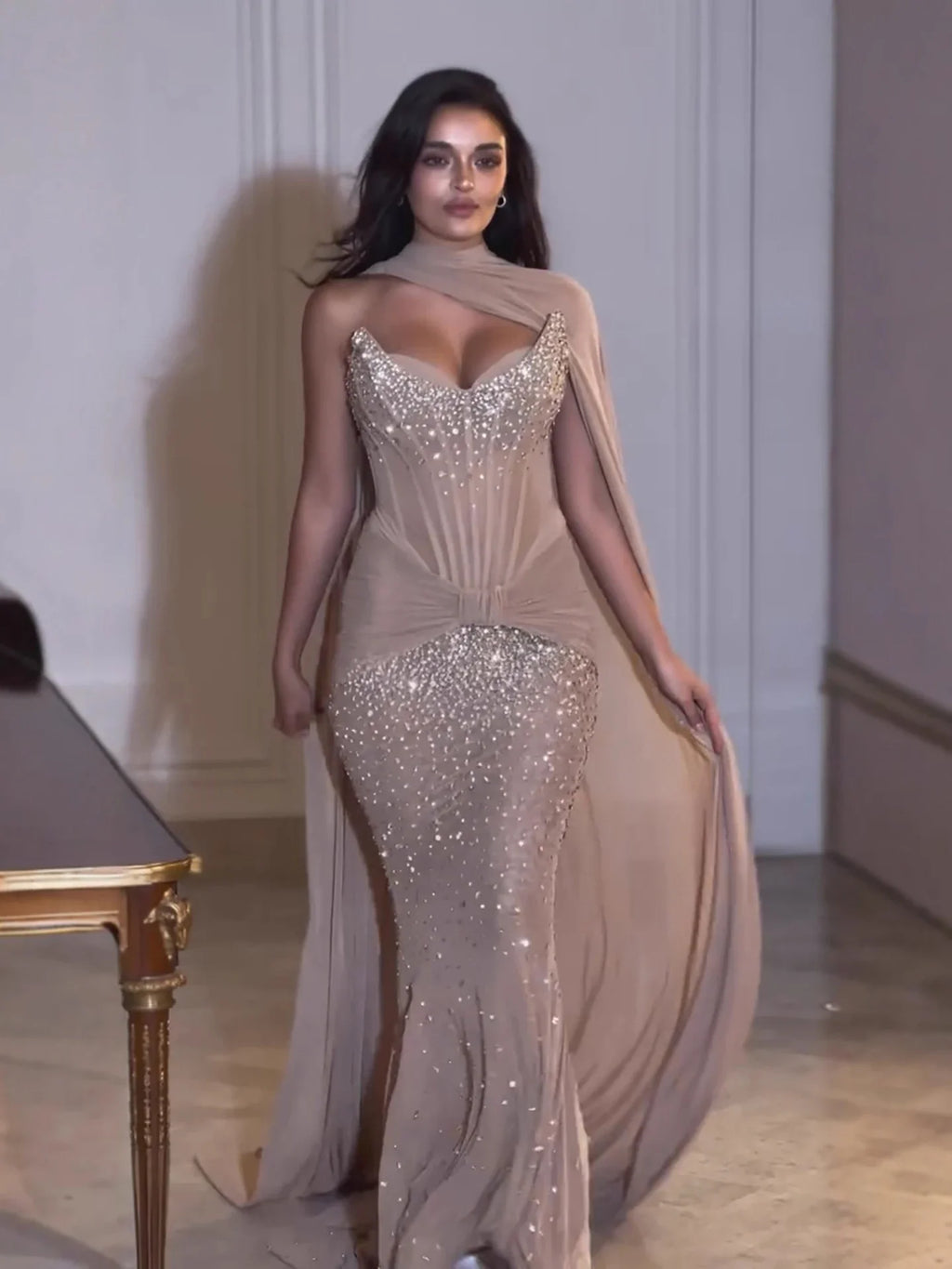 Luxury Arabic Nude Beaded Strapless With Cape Corset Evening Dress CLA73343
