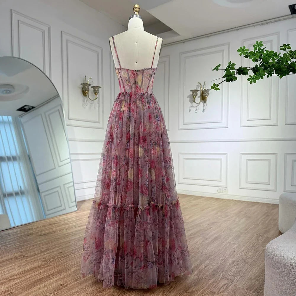 Arabic Chiffon Printed Floral Sleeveless A-Line Prom Dress CLA73149
