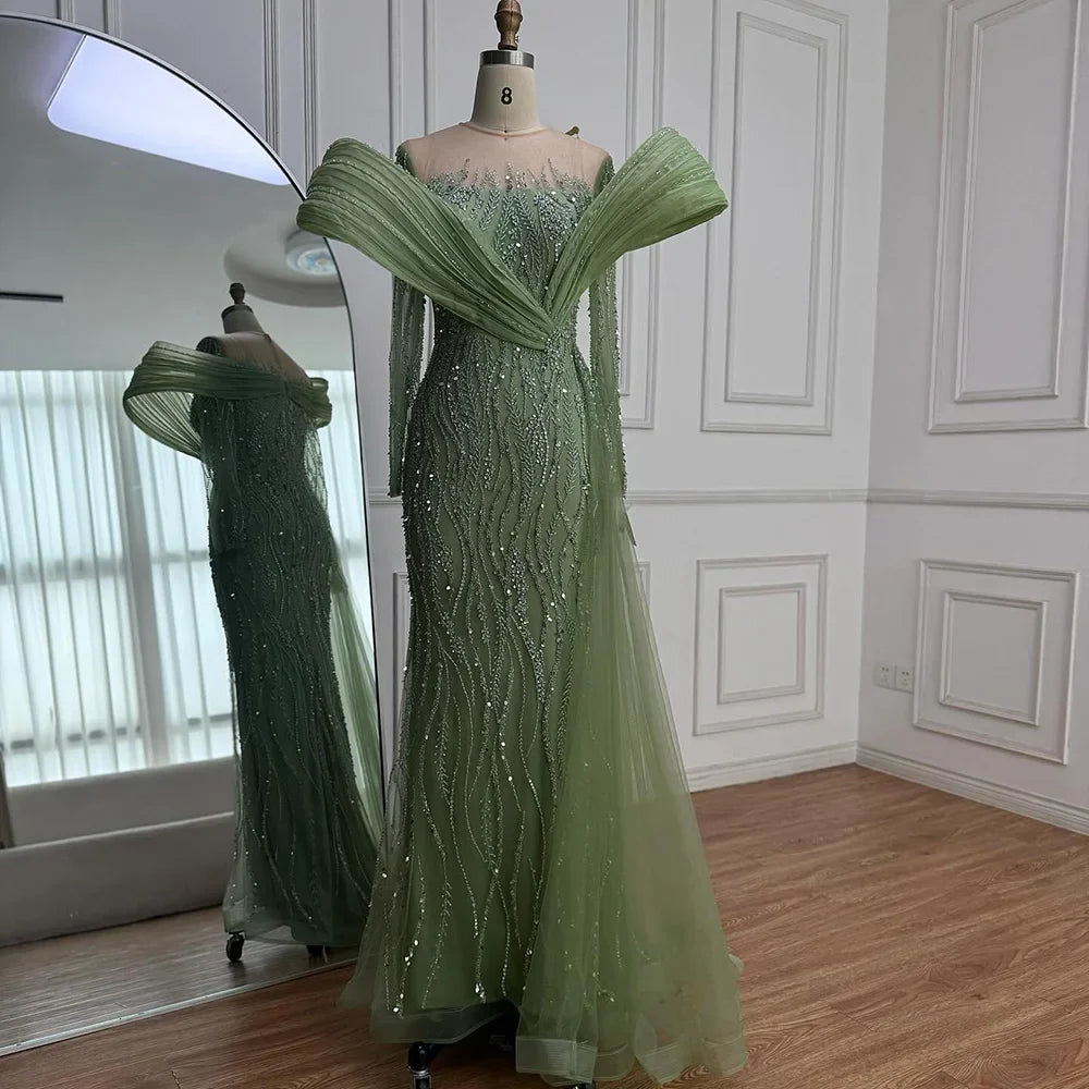 Arabic Luxury Elegant Sage Green Beaded Long Sleeves Evening Dress CLA72928